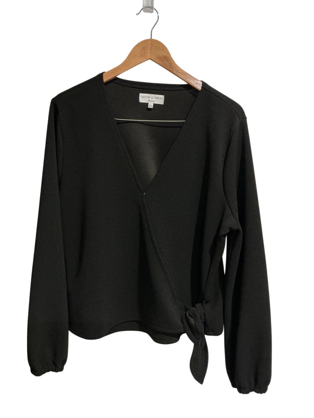 Madewell Texture & Thread Crepe Wrap Top Black Side -tie Long Sleeve